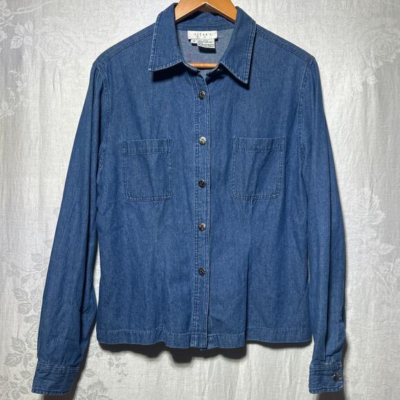 J Jill Vintage Denim Button Up 12 Silver Floral Buttons Blue Jean - Picture 1 of 10